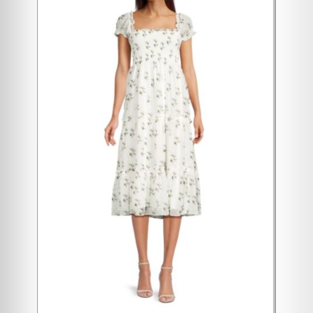 OPT NWT Cypress Dress Womens Size L White Floral Smocked Top Puff Sleeve Midi